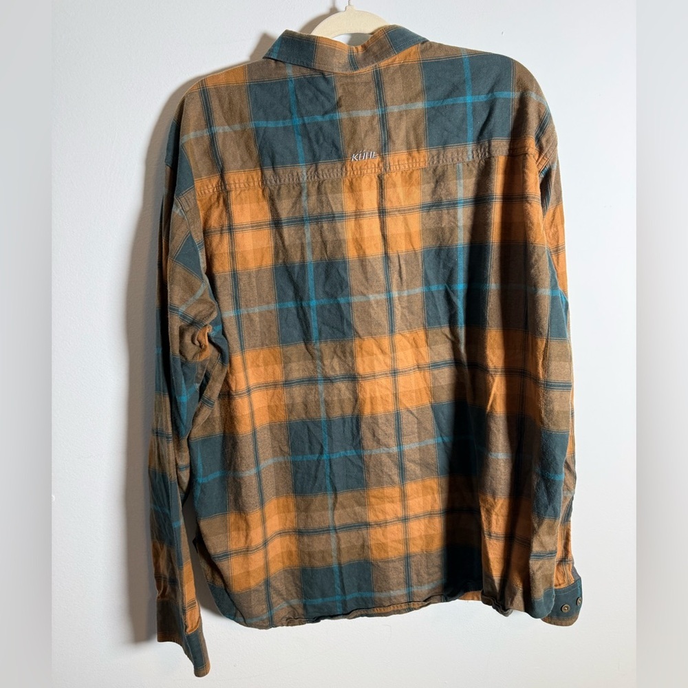 Kuhl Plaid Flannel Shirt XXL Outdoor Hiking Button Up Tan Blue Performance Shirt - Picture 2 of 7